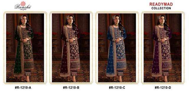 Ramsha R 1210 Velvet Embroidery Pakistani Style Pret Kurti Pant Dupatta Set