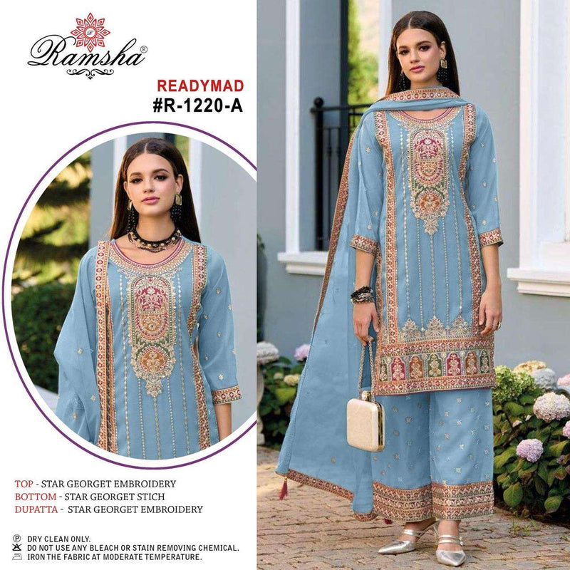 Ramsha R 1220 Georgette Embroidery Fancy Pret Kurti Pant Dupatta Set