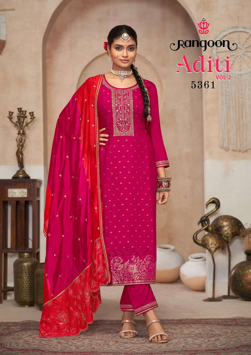 Rangoon Aditi Vol 2 Viscose Jacquard Embroidery Work Party Wear Kurti Pant Dupatta Set