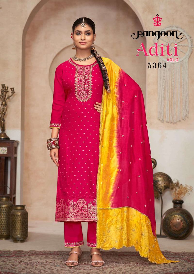 Rangoon Aditi Vol 2 Viscose Jacquard Embroidery Work Party Wear Kurti Pant Dupatta Set