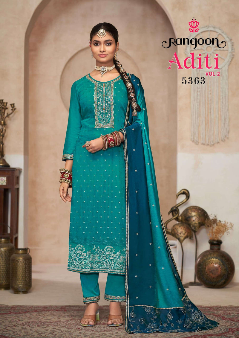 Rangoon Aditi Vol 2 Viscose Jacquard Embroidery Work Party Wear Kurti Pant Dupatta Set