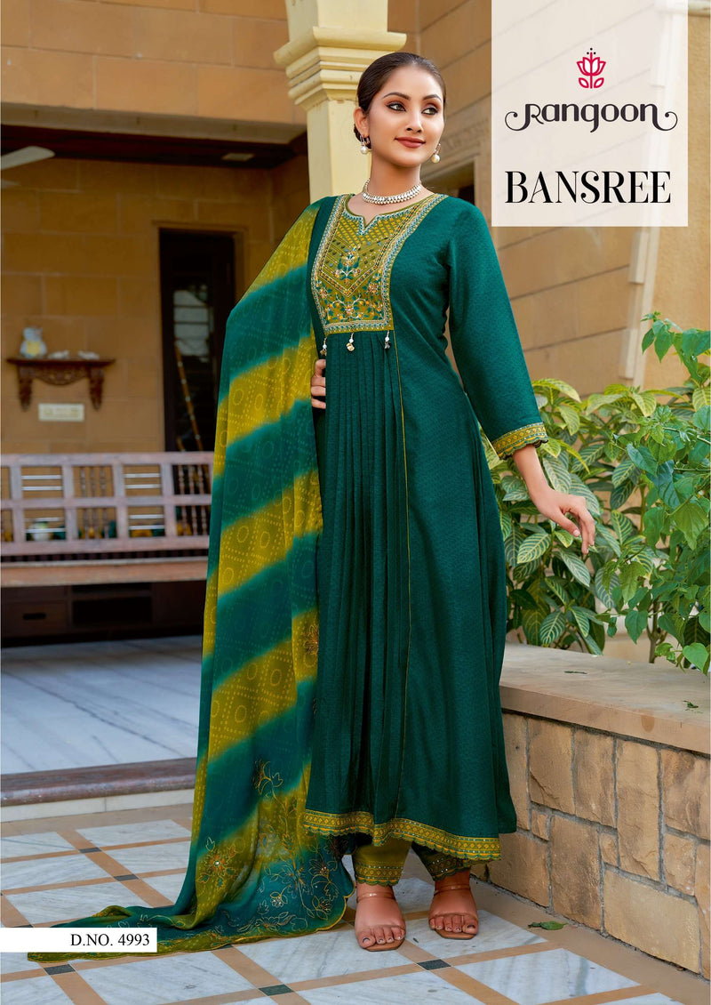 Rangoon Bansree Silk Print Fancy Embroidery Work Designer Kurti Pant Dupatta Set