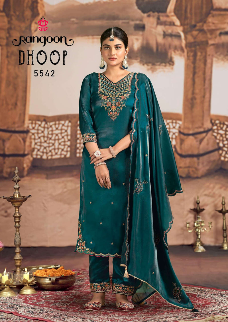 Rangoon Dhoop Satin Crepe Fancy Embroidery Work Festiv Wear Kurti Pant Dupatta Set