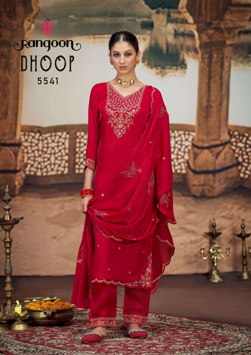 Rangoon Dhoop Satin Crepe Fancy Embroidery Work Festiv Wear Kurti Pant Dupatta Set