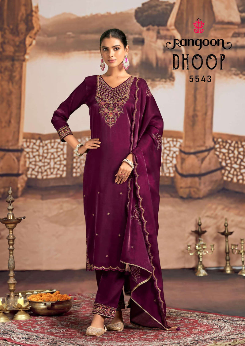 Rangoon Dhoop Satin Crepe Fancy Embroidery Work Festiv Wear Kurti Pant Dupatta Set