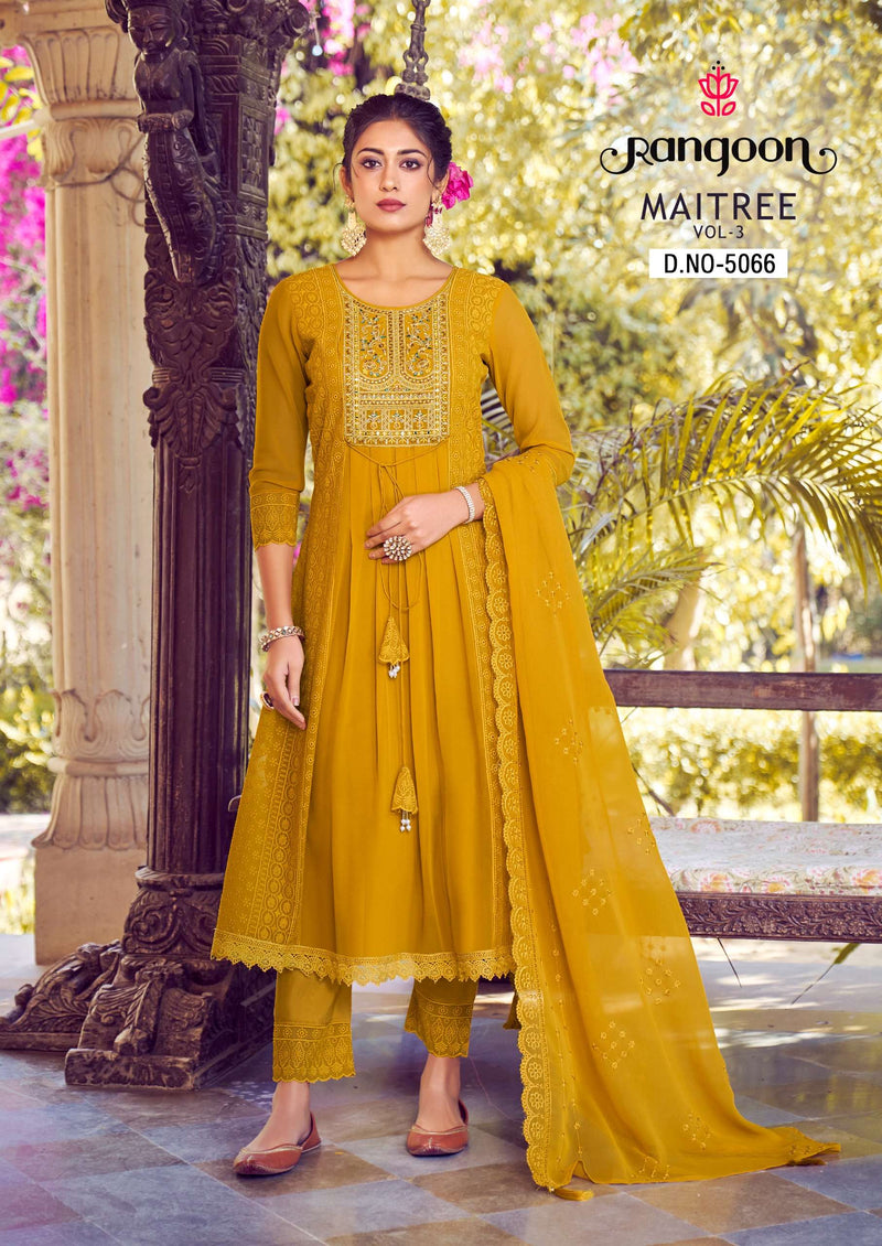 Rangoon Maitree Vol 3  Georgate With Fancy Embrodery Heavy Kurti Pant Dupatta Set