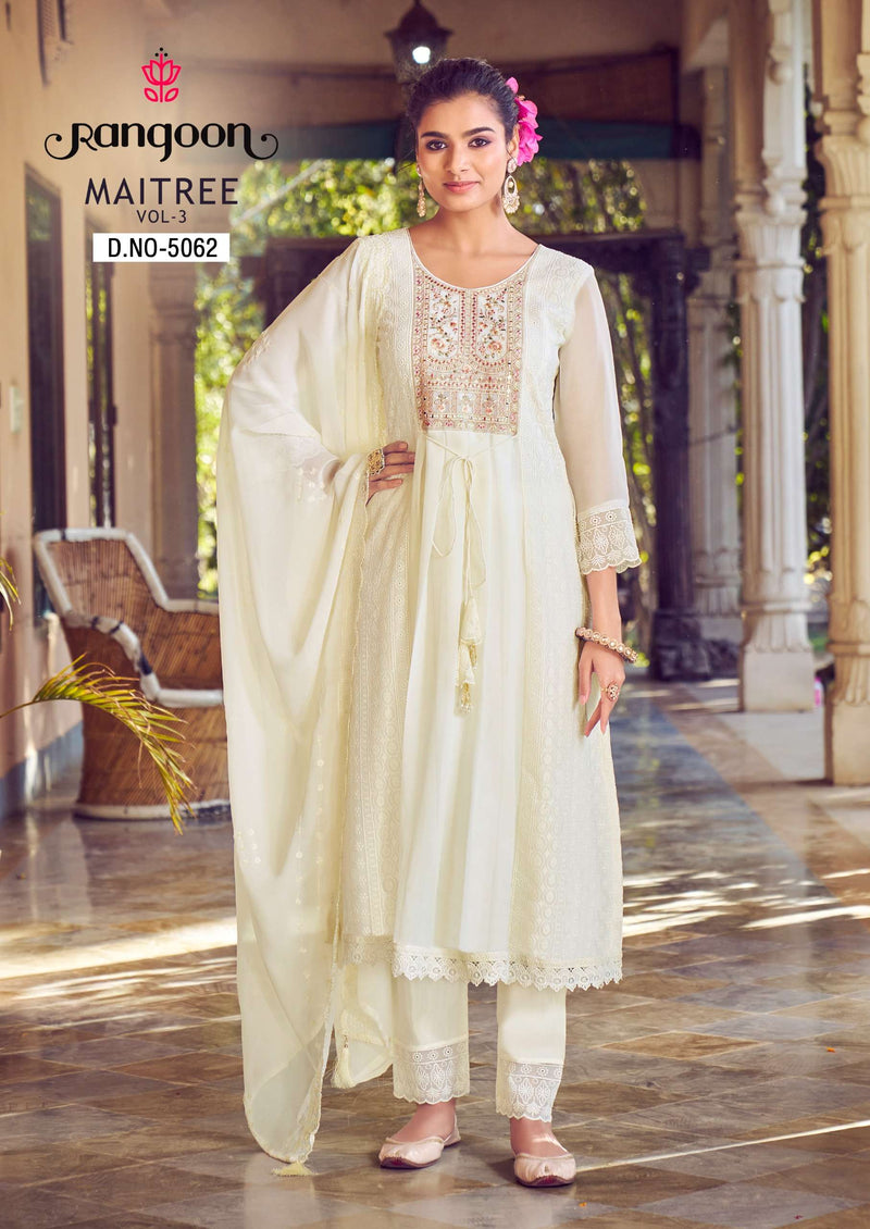 Rangoon Maitree Vol 3  Georgate With Fancy Embrodery Heavy Kurti Pant Dupatta Set