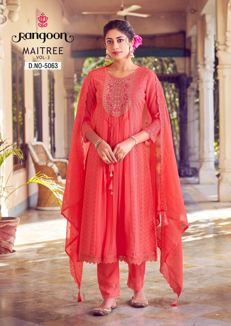 Rangoon Maitree Vol 3  Georgate With Fancy Embrodery Heavy Kurti Pant Dupatta Set