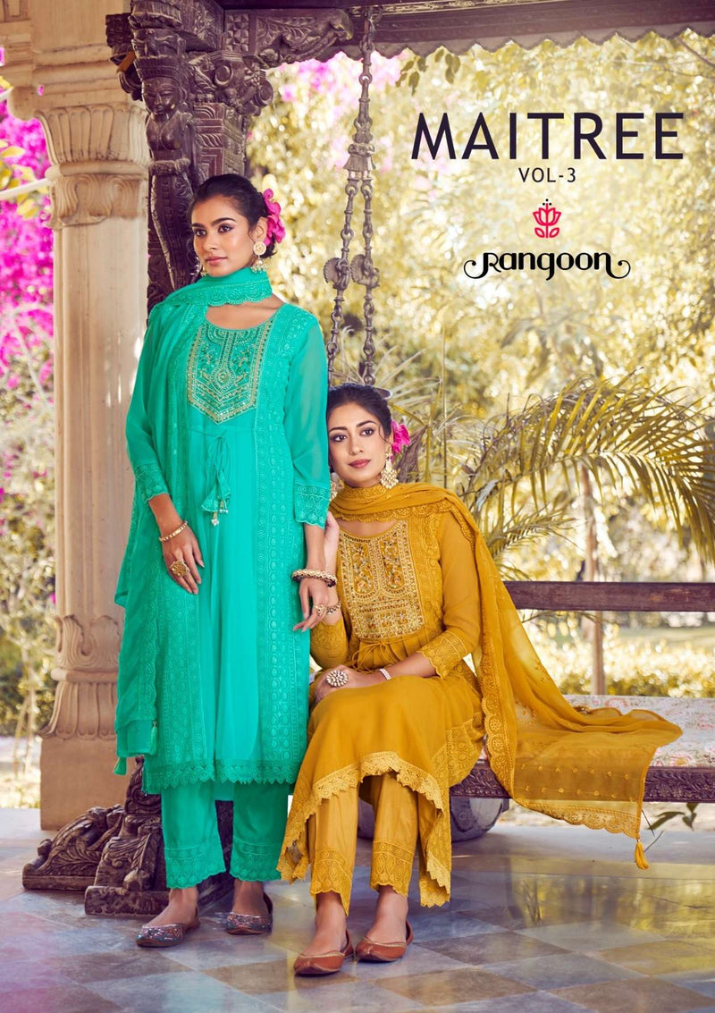 Rangoon Maitree Vol 3  Georgate With Fancy Embrodery Heavy Kurti Pant Dupatta Set