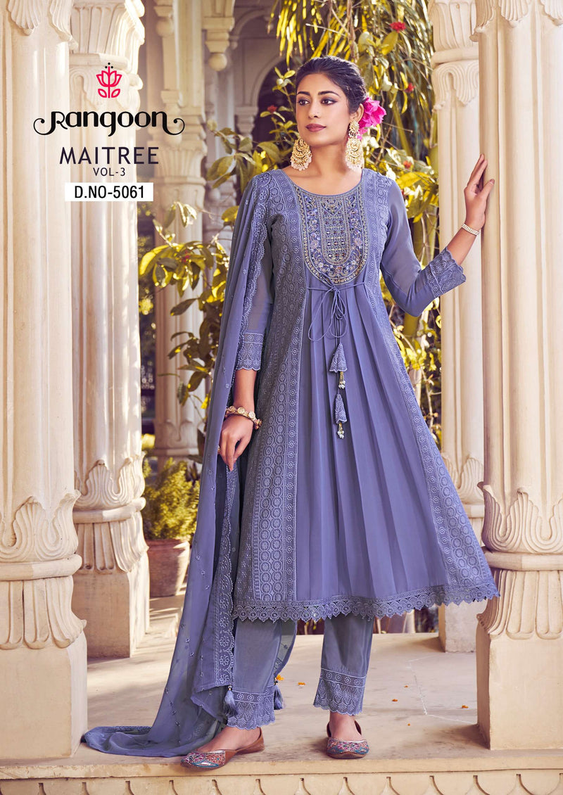 Rangoon Maitree Vol 3  Georgate With Fancy Embrodery Heavy Kurti Pant Dupatta Set