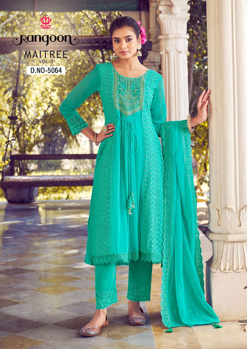 Rangoon Maitree Vol 3  Georgate With Fancy Embrodery Heavy Kurti Pant Dupatta Set