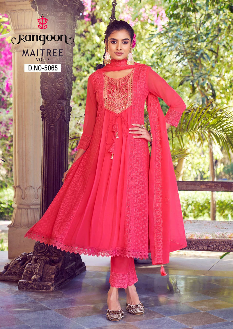 Rangoon Maitree Vol 3  Georgate With Fancy Embrodery Heavy Kurti Pant Dupatta Set