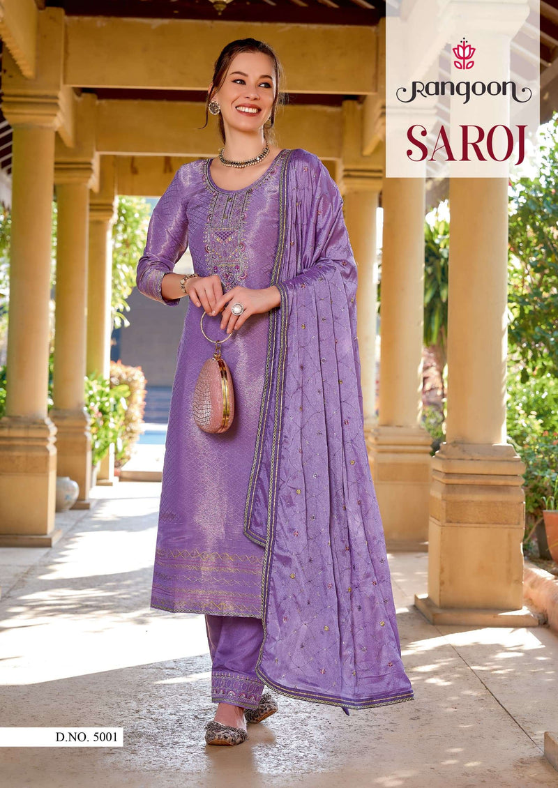 Rangoon Saroj  Pure Viscose Simmer Embroidery Work Designer Readymade Suit