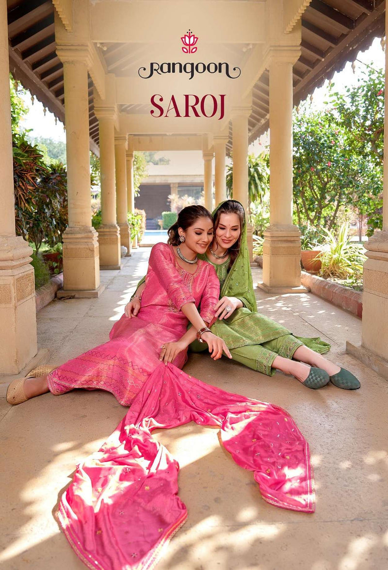 Rangoon Saroj  Pure Viscose Simmer Embroidery Work Designer Readymade Suit