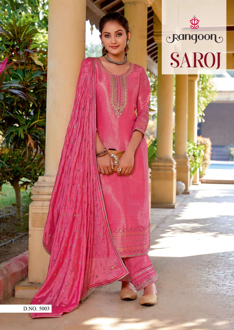 Rangoon Saroj  Pure Viscose Simmer Embroidery Work Designer Readymade Suit