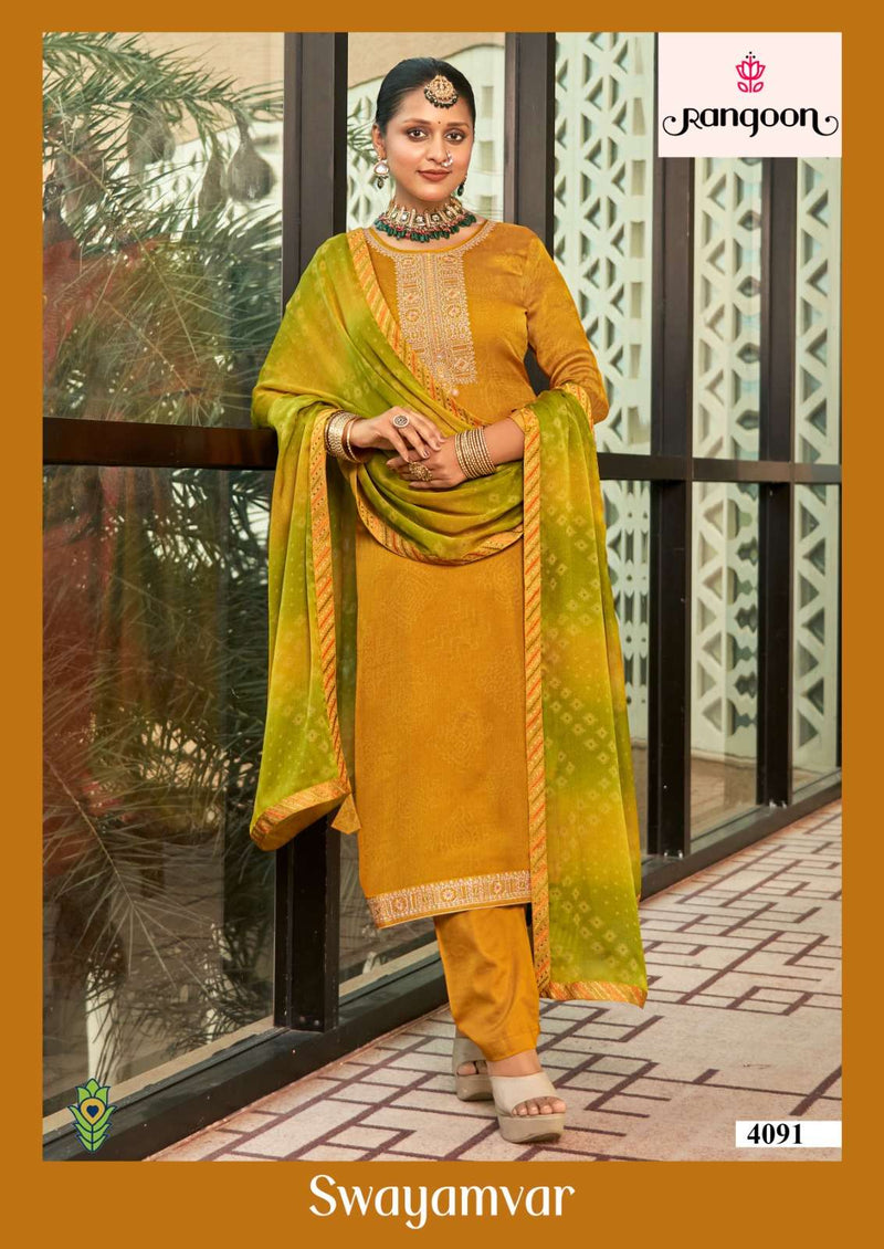 Rangoon Swayamvar Silk Print Heavy Designer Party Wear Suit Collection