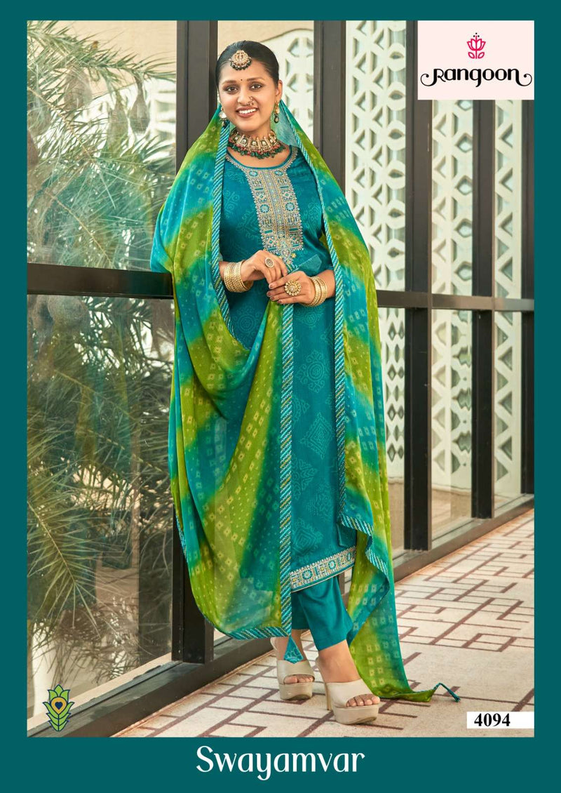 Rangoon Swayamvar Silk Print Heavy Designer Party Wear Suit Collection