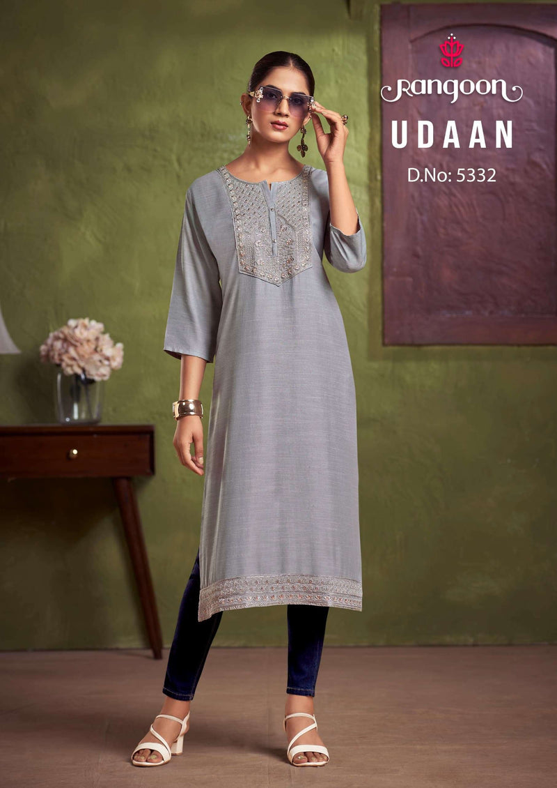 Rangoon Udaan Viscose With Heavy Neck Embroidery Fancy Work Kurti