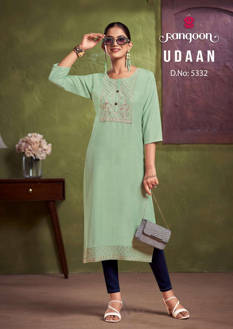 Rangoon Udaan Viscose With Heavy Neck Embroidery Fancy Work Kurti