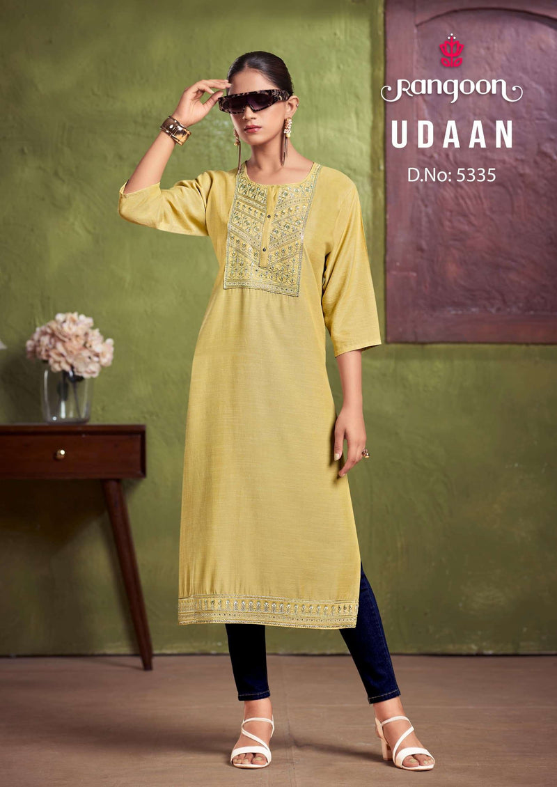 Rangoon Udaan Viscose With Heavy Neck Embroidery Fancy Work Kurti