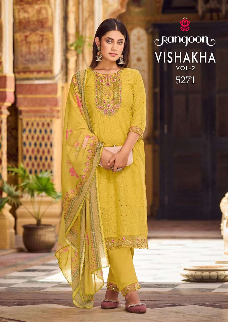 Rangoon Vishakha Vol 2 Cotton Fancy Embroidery Work Designer Kurti Pant Dupatta Set