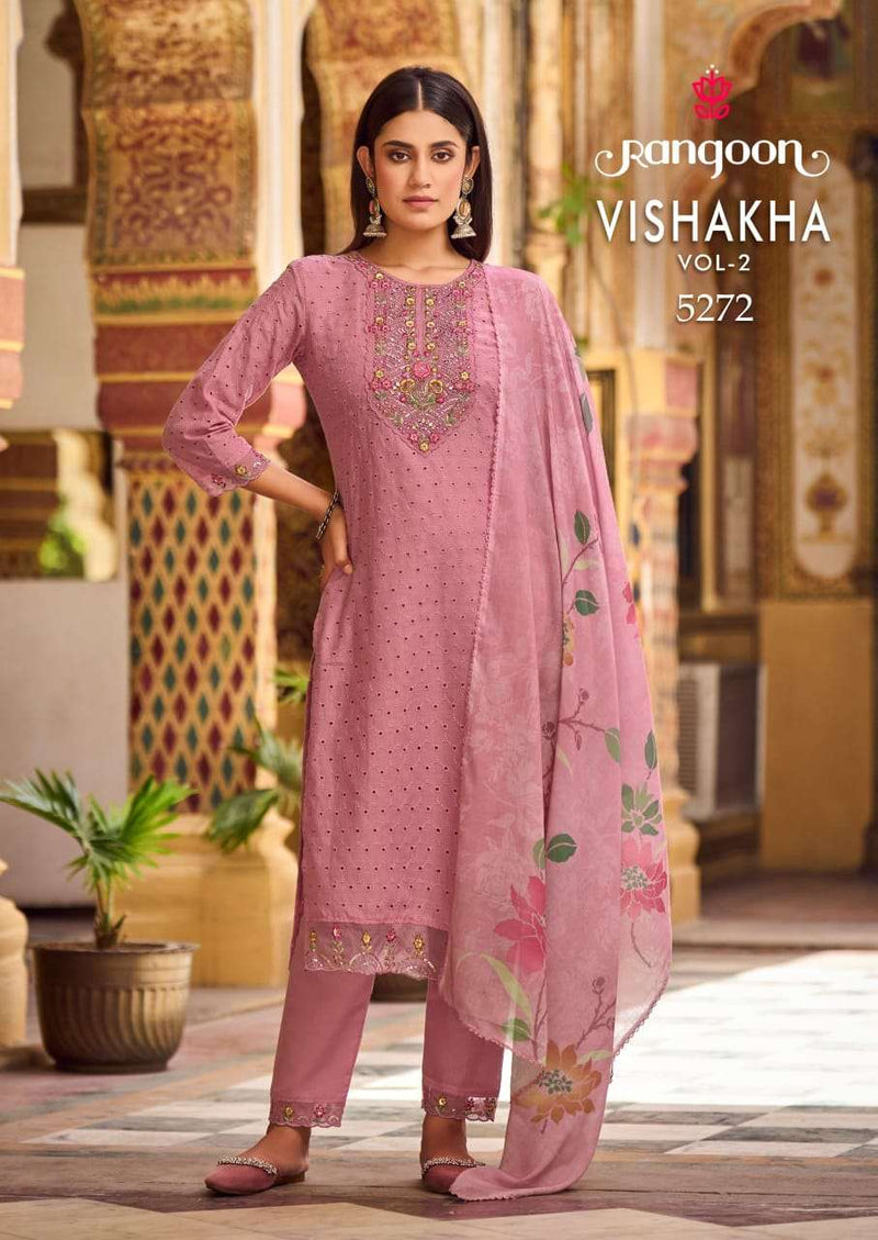 Rangoon Vishakha Vol 2 Cotton Fancy Embroidery Work Designer Kurti Pant Dupatta Set