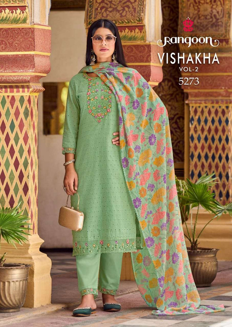 Rangoon Vishakha Vol 2 Cotton Fancy Embroidery Work Designer Kurti Pant Dupatta Set