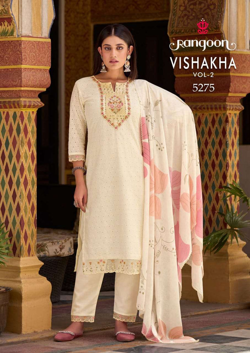 Rangoon Vishakha Vol 2 Cotton Fancy Embroidery Work Designer Kurti Pant Dupatta Set