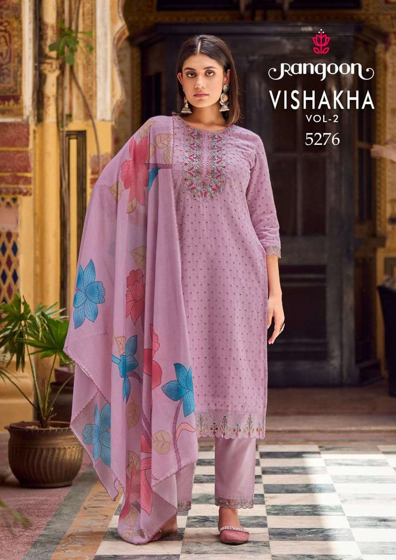 Rangoon Vishakha Vol 2 Cotton Fancy Embroidery Work Designer Kurti Pant Dupatta Set