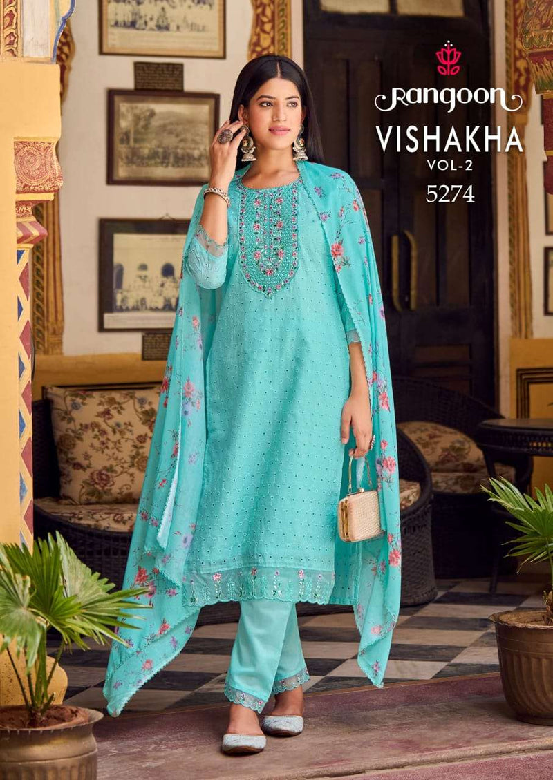 Rangoon Vishakha Vol 2 Cotton Fancy Embroidery Work Designer Kurti Pant Dupatta Set