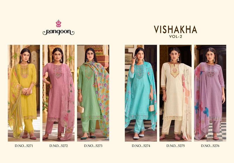 Rangoon Vishakha Vol 2 Cotton Fancy Embroidery Work Designer Kurti Pant Dupatta Set