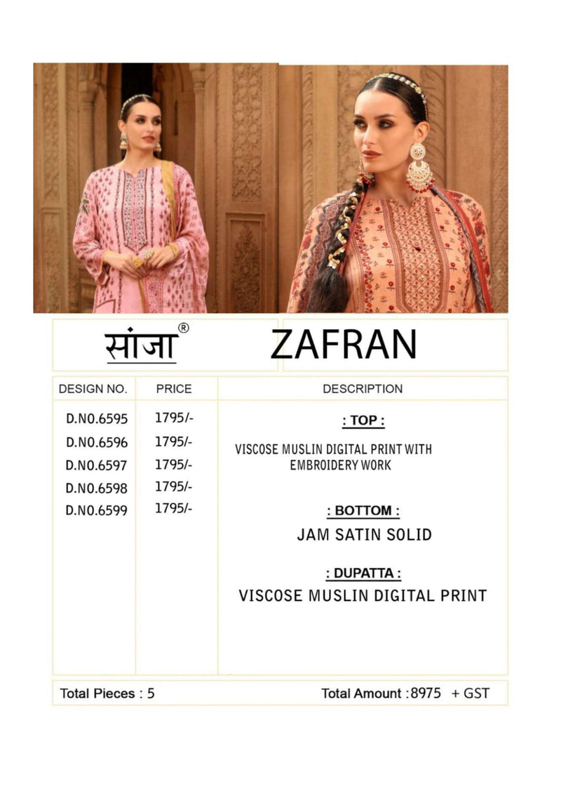 Saanjha Zafran Muslin Digital Print Embroidery Work Fancy Salwar Suit