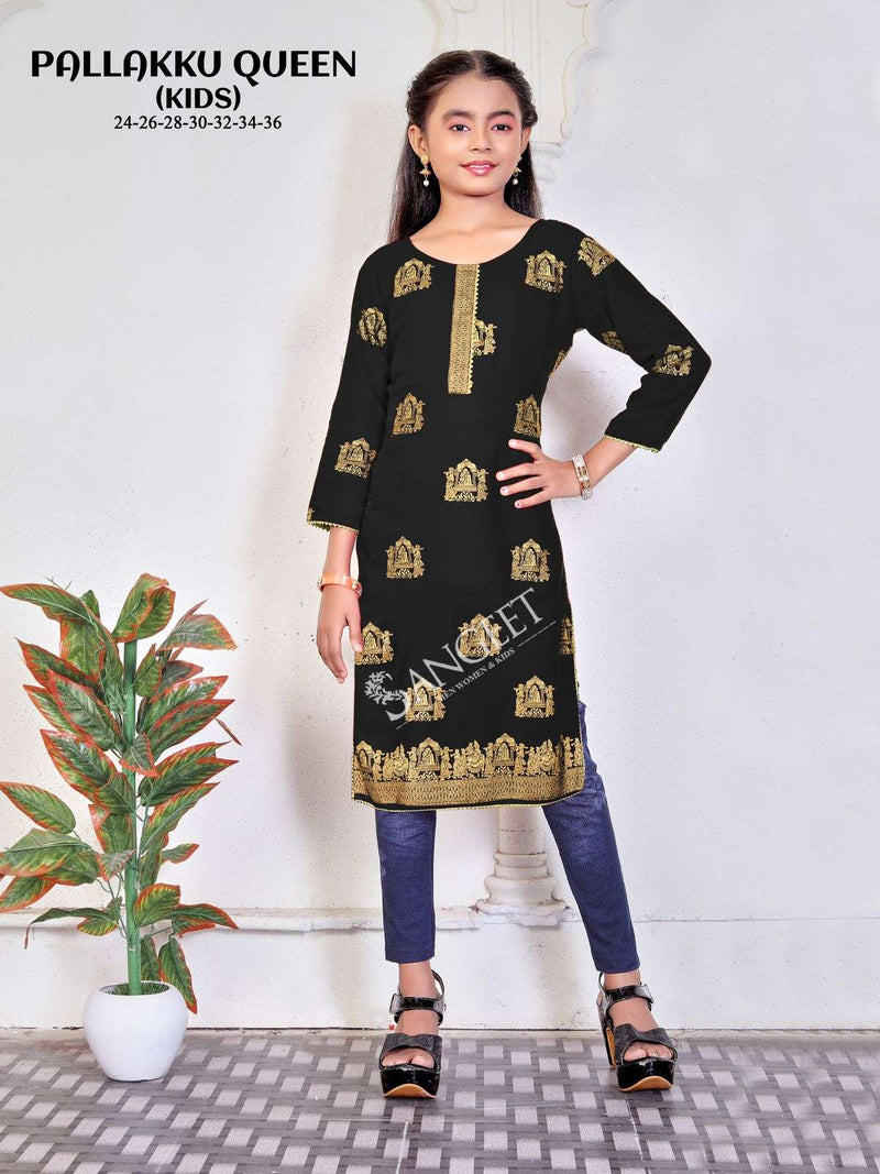 Sangeet Pallakku Queen Kids Rayon Gold Print Kurti Set