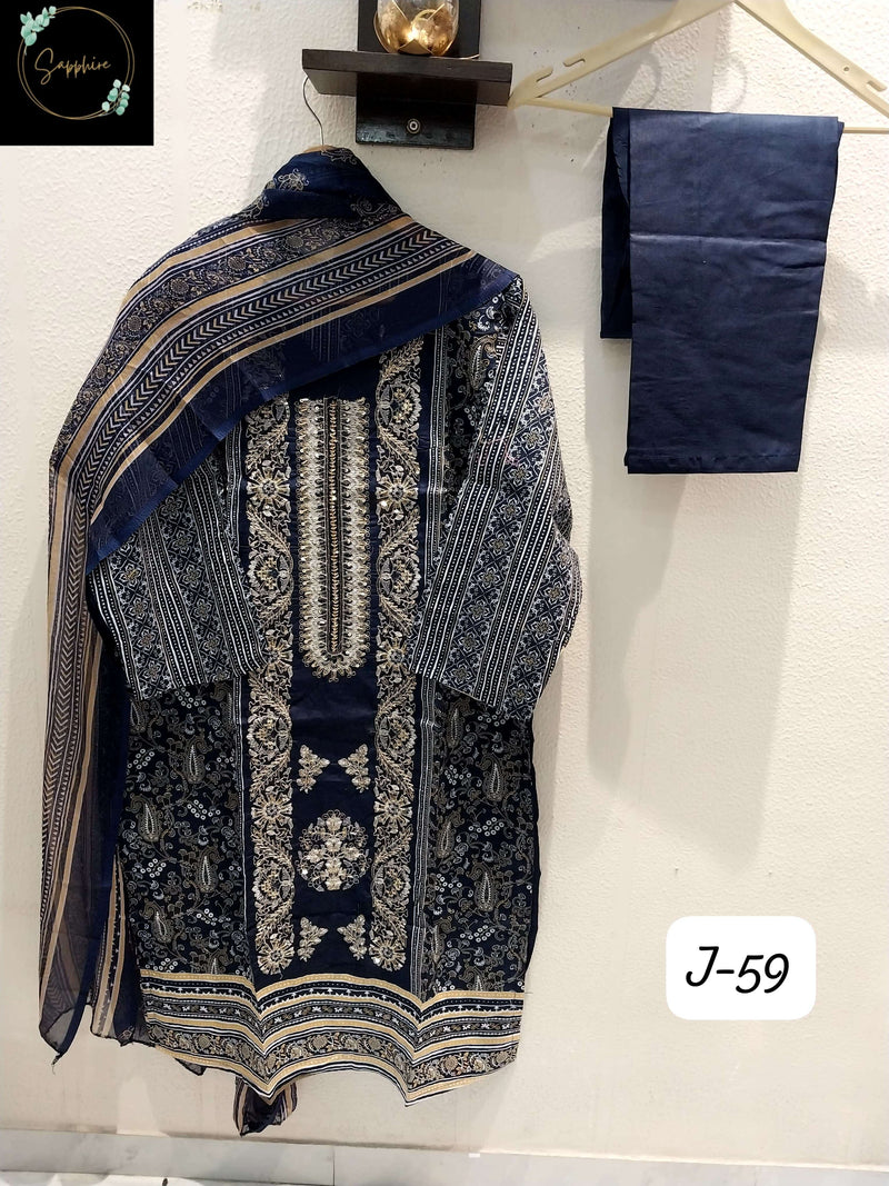 Sapphire Jazmin Vol 59 Lawn Cotton With Self Embroidery Handwork Designer Stiched Suit