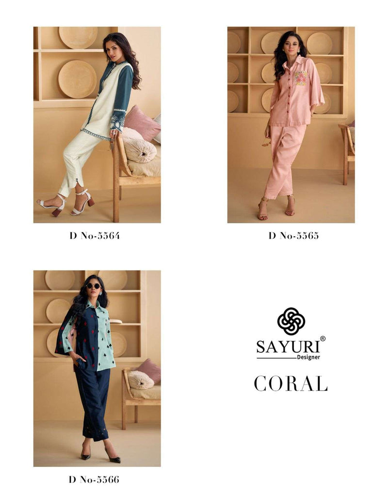 Sayuri Designer Coral Silk Fancy Casual Wear Co Ord Set Collection