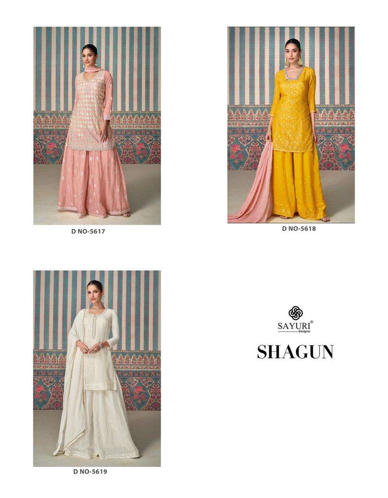 Sayuri Designer  Shagun Chinon Silk Heavy Embroidered Wedding Wear Kurti Sharara Dupatta Set