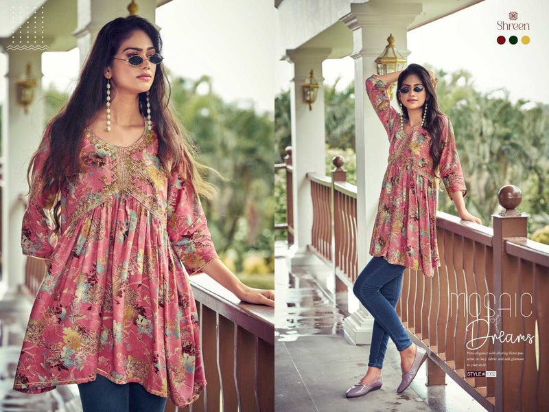 Shreen Resham Vol 5 Rayon Foil Prints Trendy Western Daily Wear Tunics