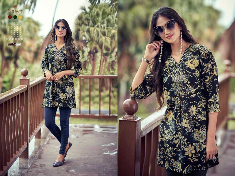 Shreen Resham Vol 5 Rayon Foil Prints Trendy Western Daily Wear Tunics