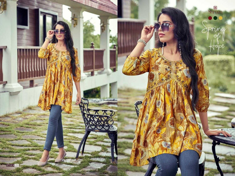 Shreen Resham Vol 5 Rayon Foil Prints Trendy Western Daily Wear Tunics