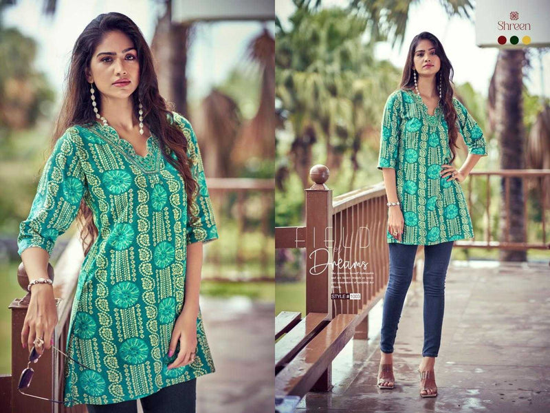 Shreen Resham Vol 5 Rayon Foil Prints Trendy Western Daily Wear Tunics