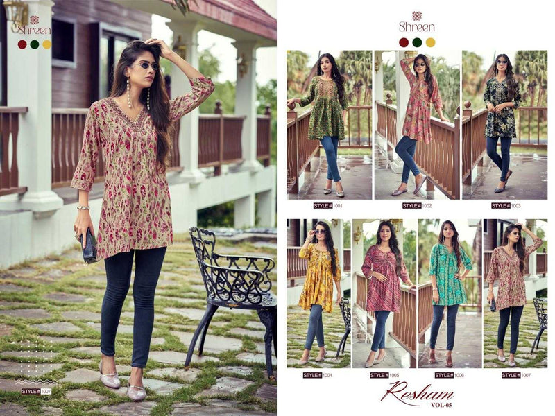 Shreen Resham Vol 5 Rayon Foil Prints Trendy Western Daily Wear Tunics