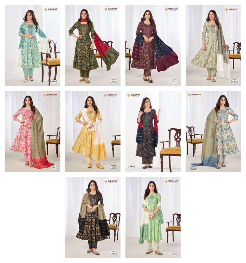 Suryajyoti Anarkali Special Vol 1 Rayon Foil Print Casual Wear Kurti Pant Dupatta Set