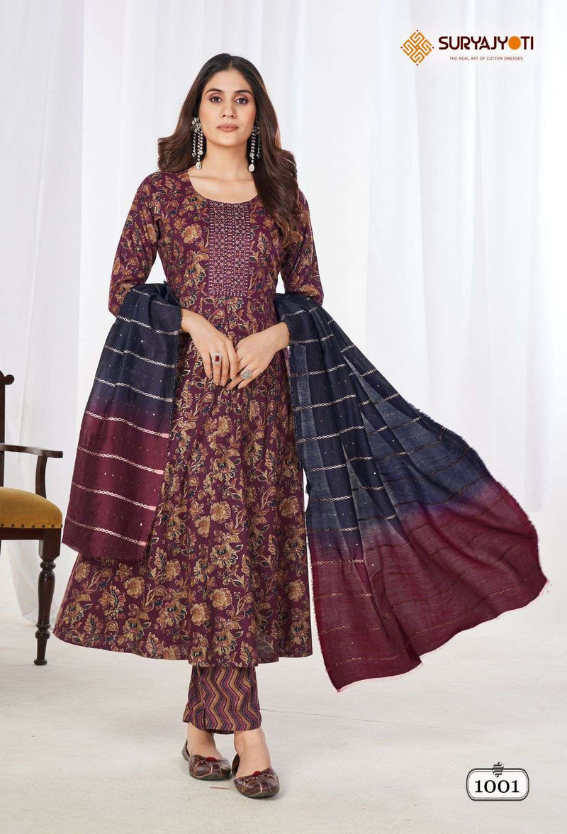 Suryajyoti Anarkali Special Vol 1 Rayon Foil Print Casual Wear Kurti Pant Dupatta Set