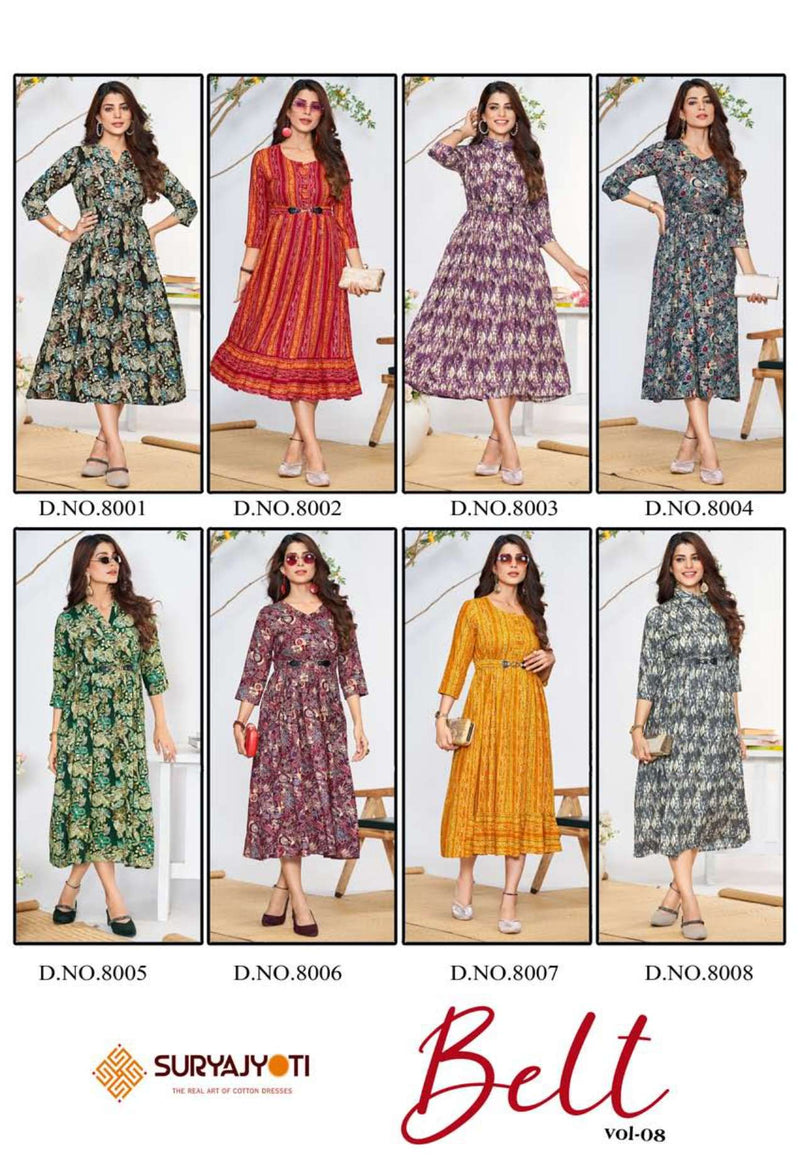 Suryajyoti Belt Vol 8 Rayon Print Daily Wear Fancy Kurti Set