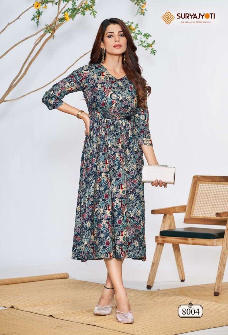 Suryajyoti Belt Vol 8 Rayon Print Daily Wear Fancy Kurti Set