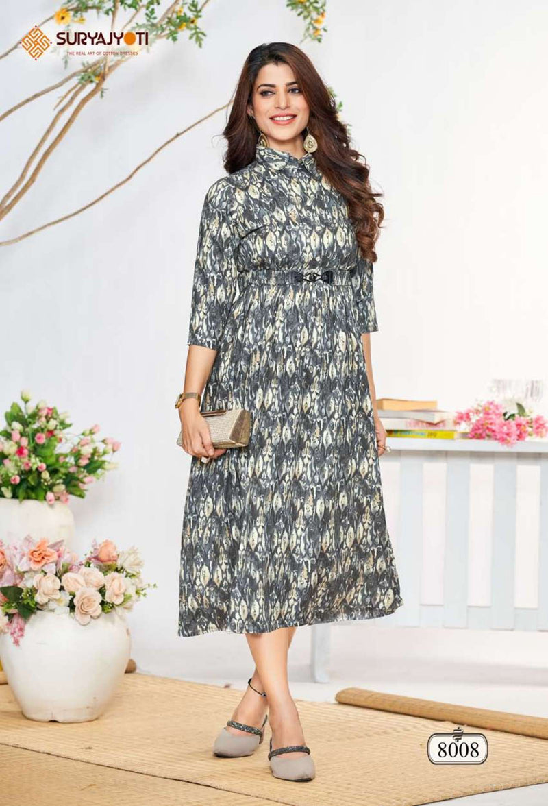 Suryajyoti Belt Vol 8 Rayon Print Daily Wear Fancy Kurti Set