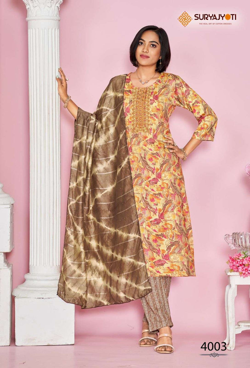 Suryajyoti Kritika Vol 4 Rayon Capsule Foil Print Embroidery Kurti Pant Dupatta Set