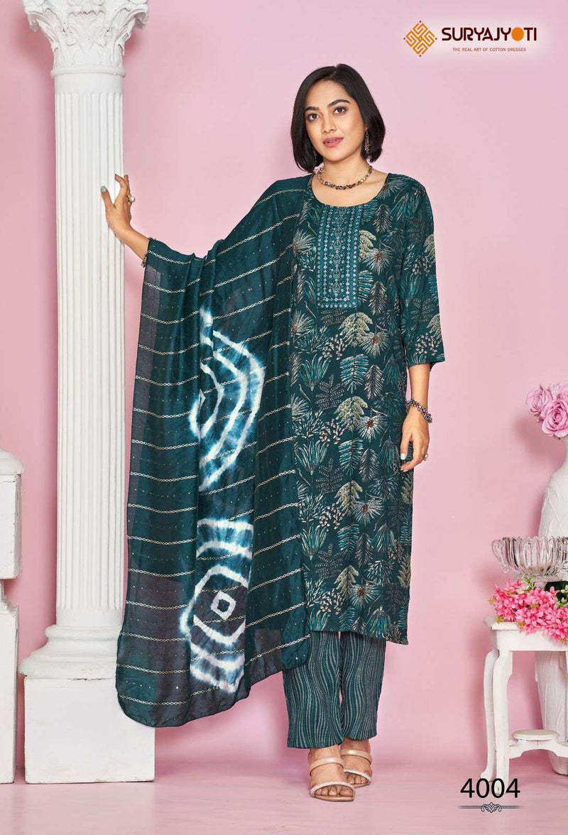 Suryajyoti Kritika Vol 4 Rayon Capsule Foil Print Embroidery Kurti Pant Dupatta Set