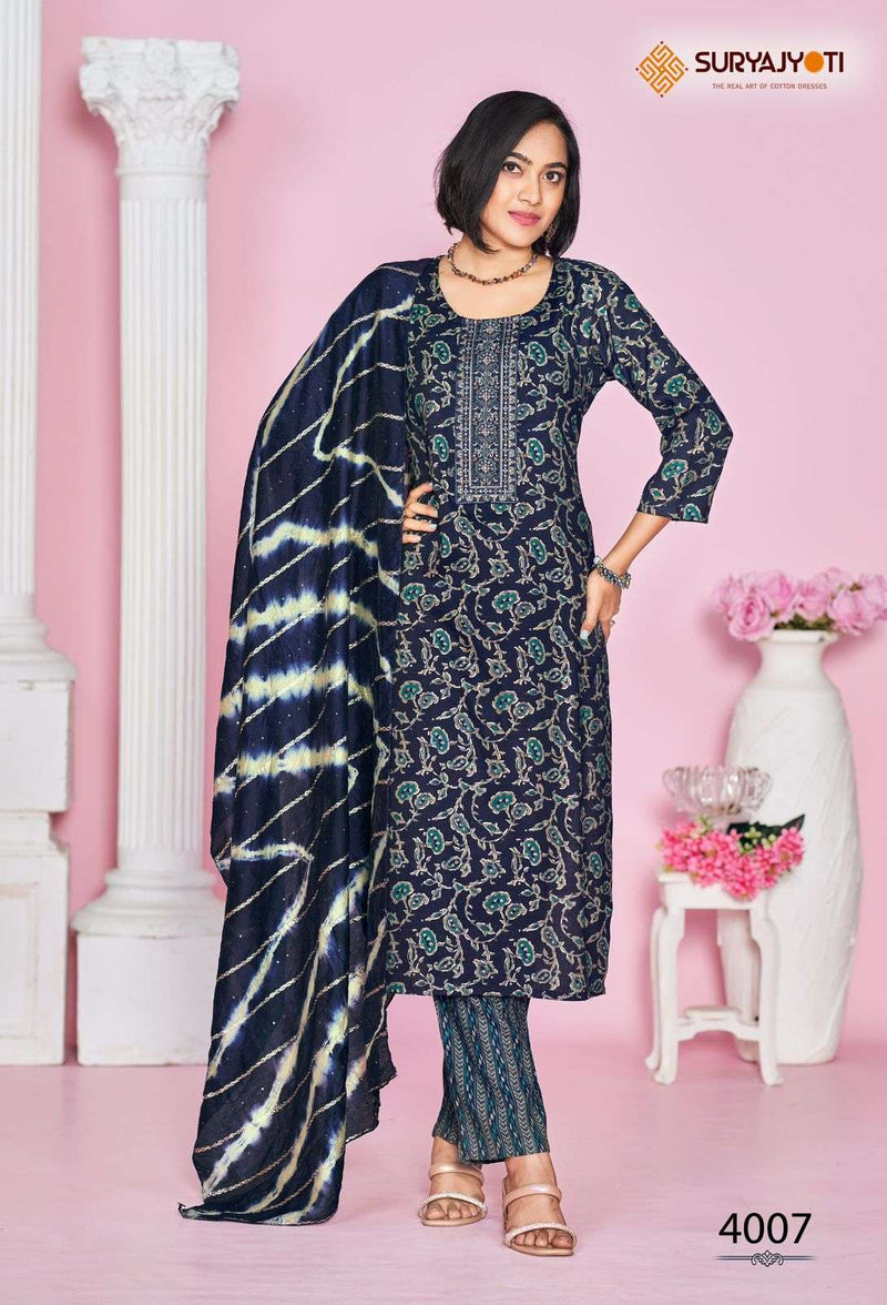 Suryajyoti Kritika Vol 4 Rayon Capsule Foil Print Embroidery Kurti Pant Dupatta Set