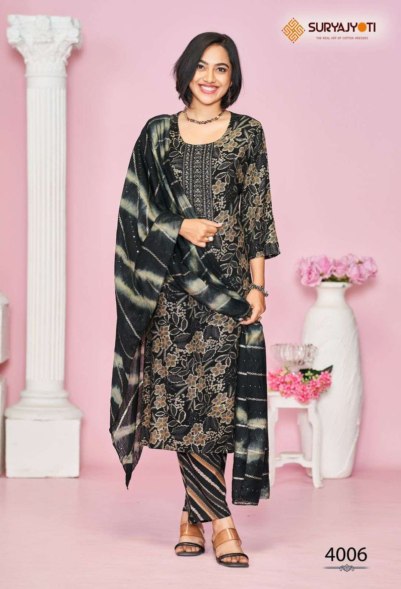 Suryajyoti Kritika Vol 4 Rayon Capsule Foil Print Embroidery Kurti Pant Dupatta Set